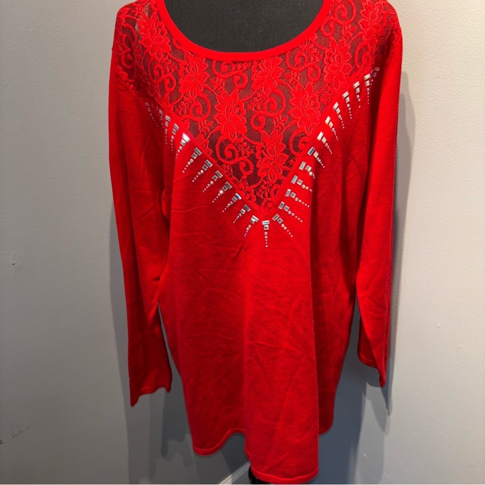 Women’s Blouse Red Lace Bodice Studded Embellishments Long Sleeve 3X Holiday